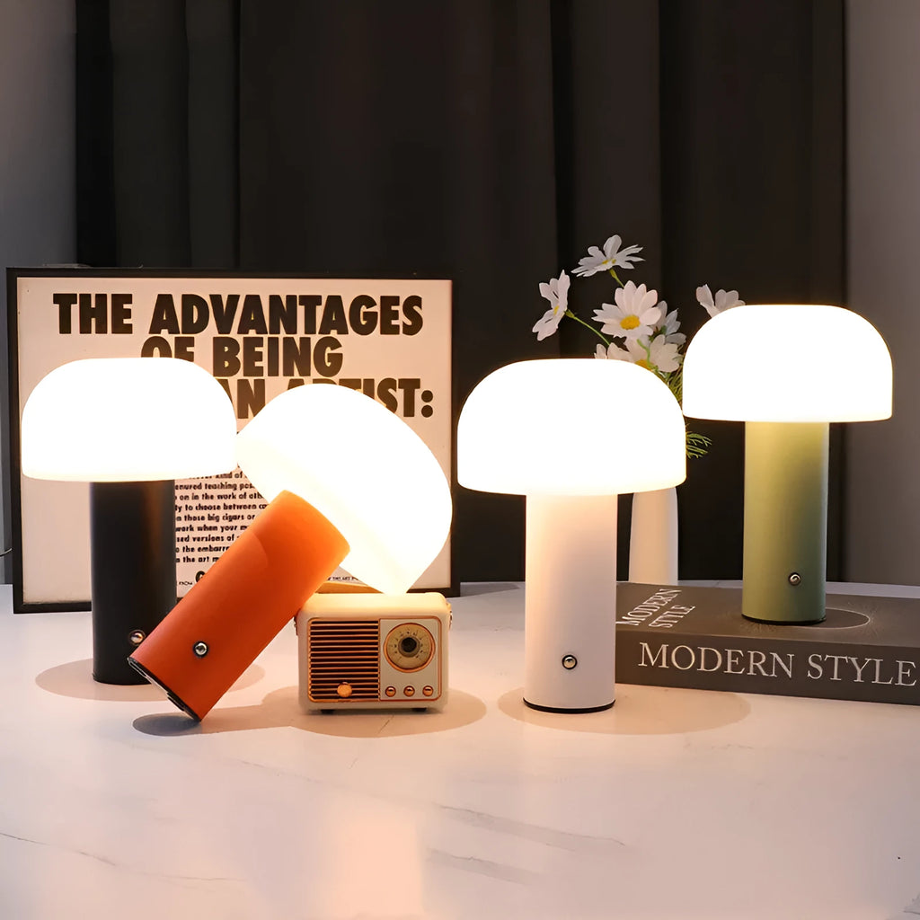 USB table lamp with dual power options in black, green, orange, or white plastic construction