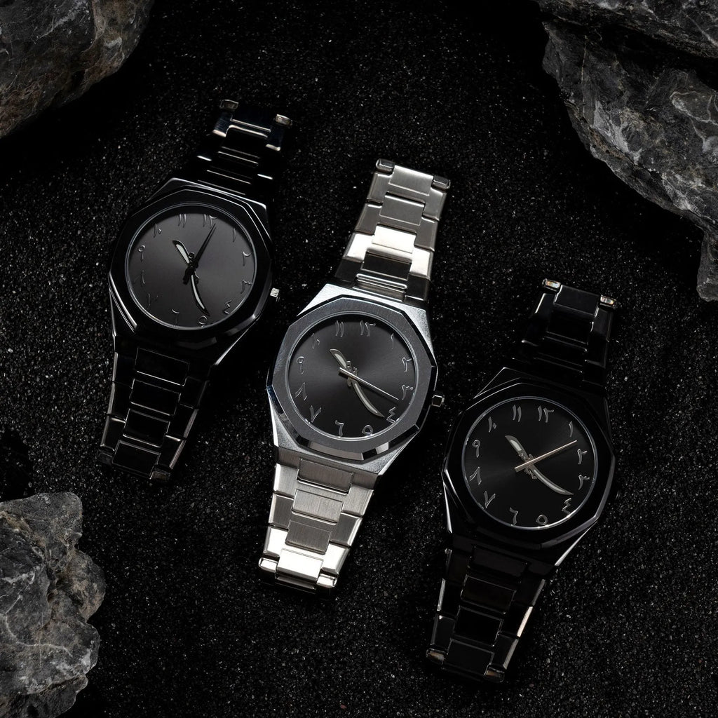 Men's business casual stainless steel quartz watch showing three colour options on wrist.