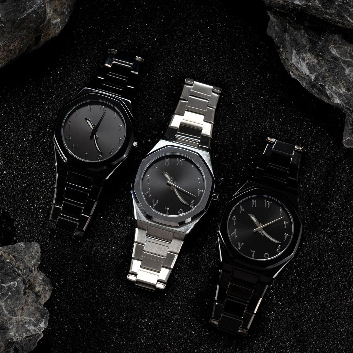 Men's business casual stainless steel quartz watch showing three colour options on wrist.