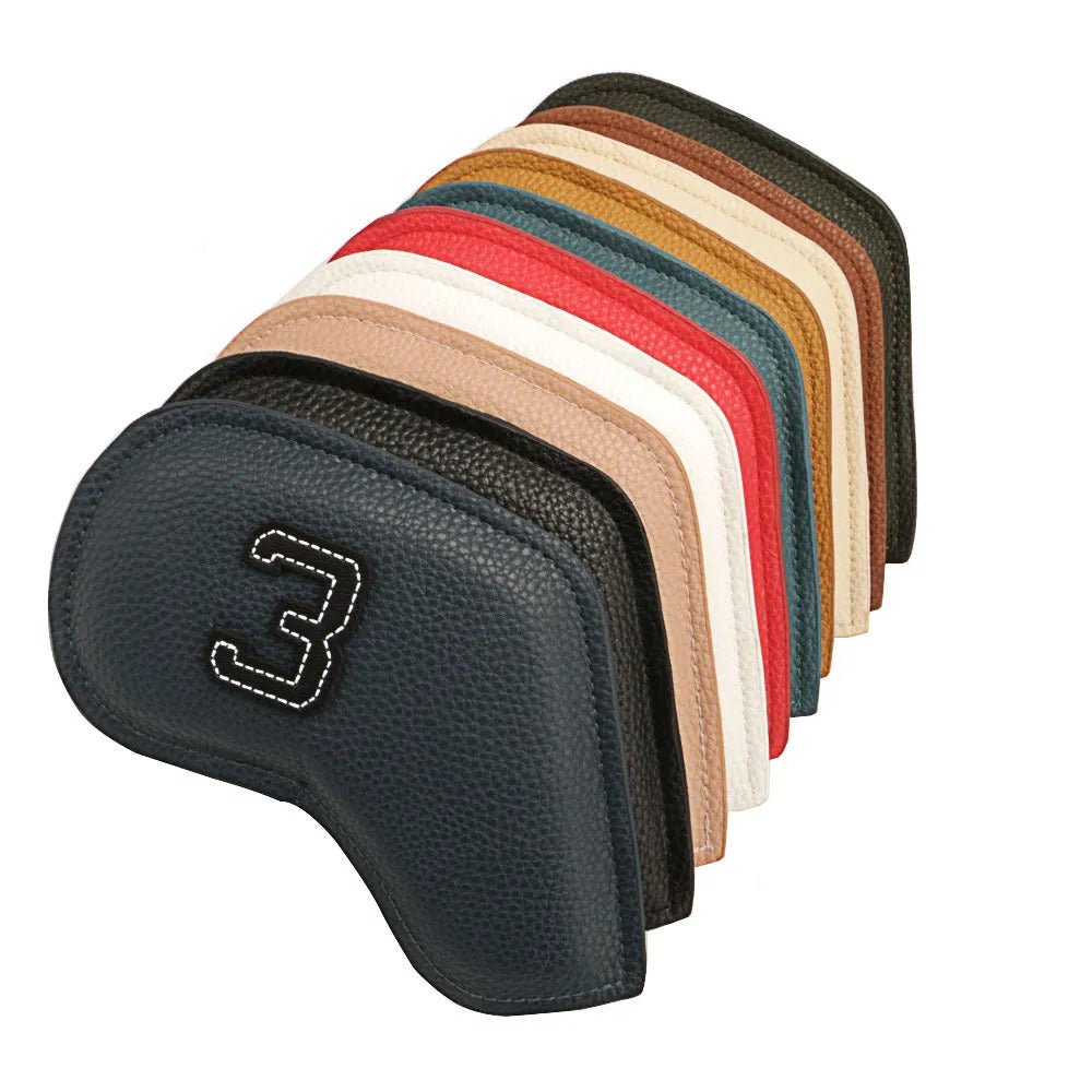 Set of ten colourful digitally printed golf club head covers for woods and irons.