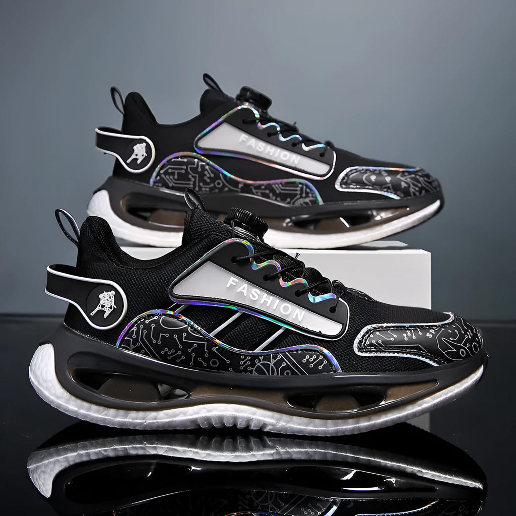 Men's low-top mesh sports shoes in black with an elastic band closure and textured sole.