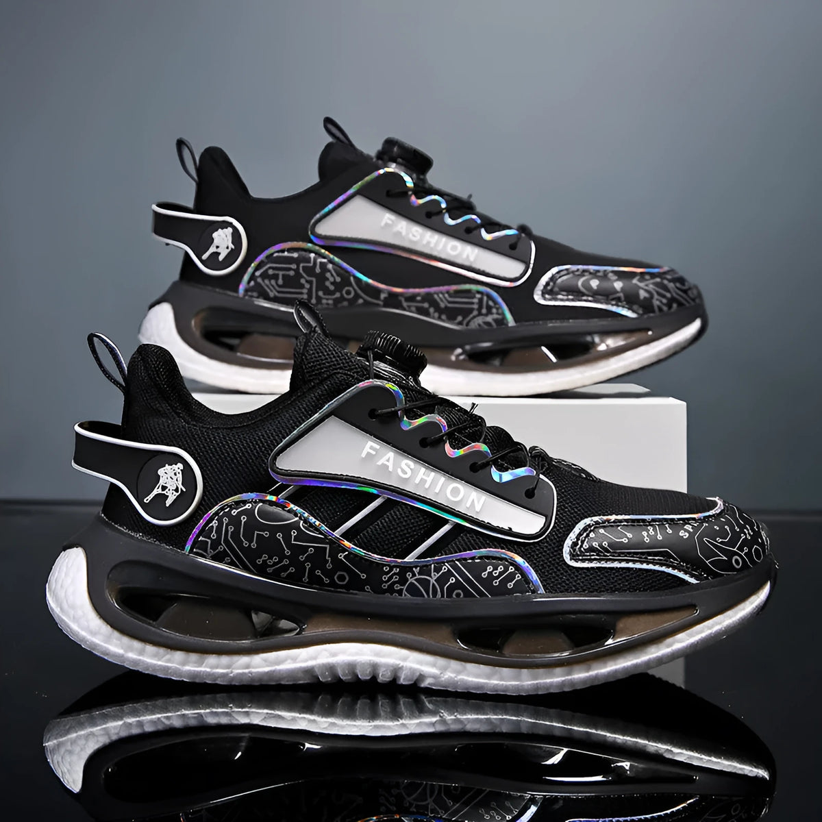 Men's low-top mesh sports shoes in black with an elastic band closure and textured sole.