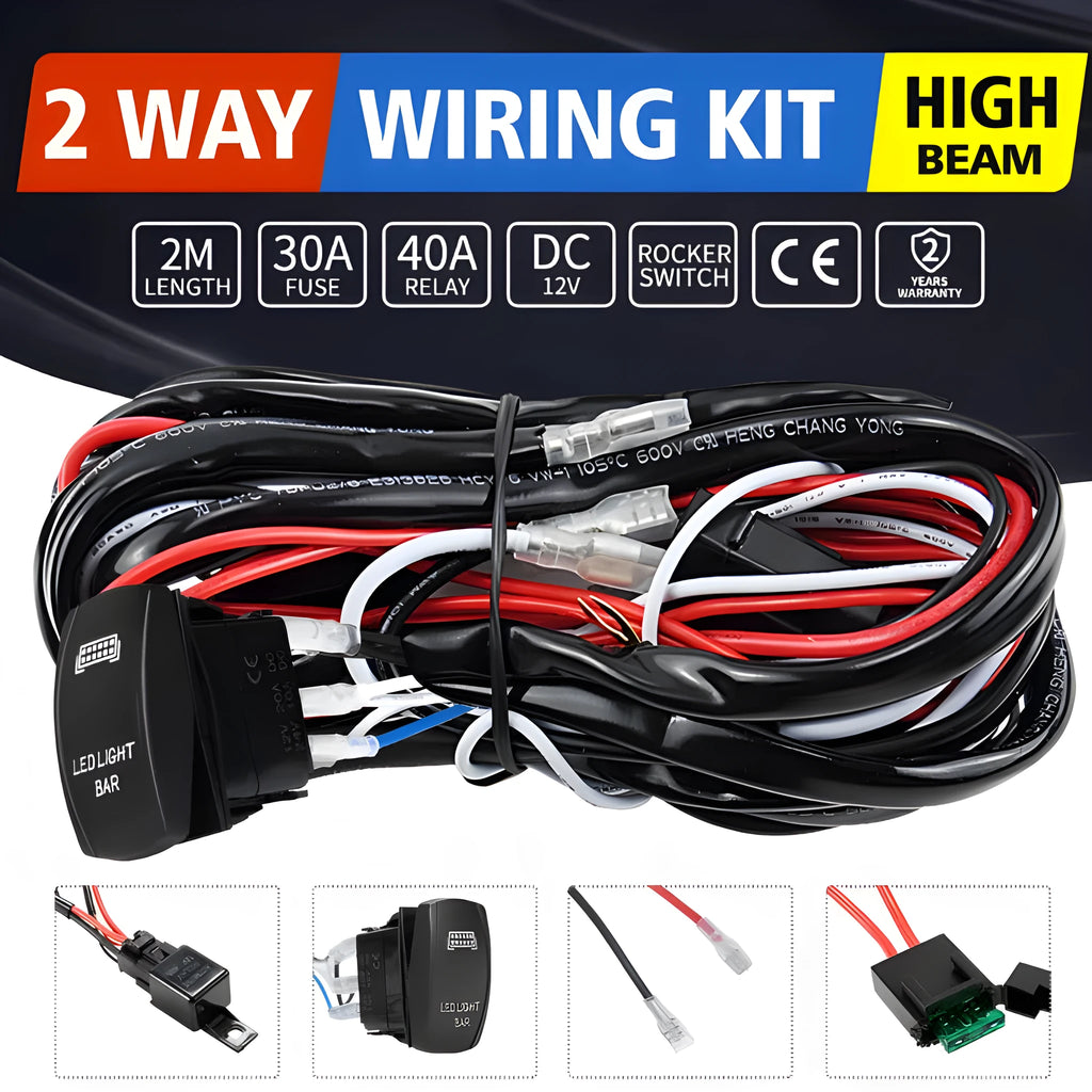 Black off road LED spotlight cable set with 2-metre wiring harness and integrated switch