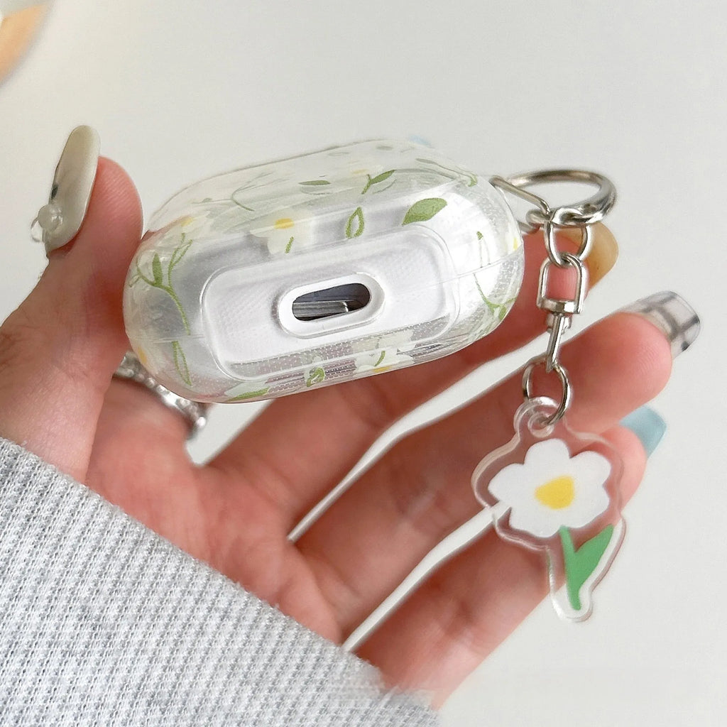White floral pattern TPU protective cover for Apple AirPods charging case showing high transparency