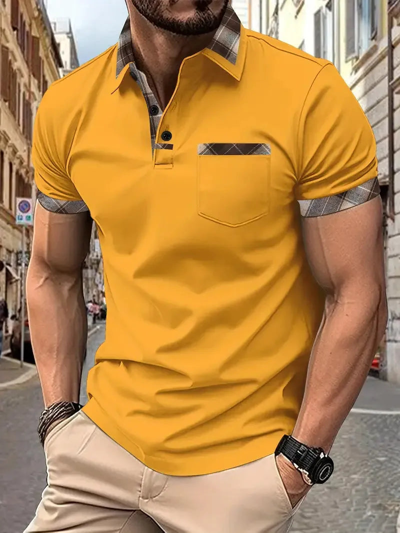 Men's loose fit plaid colourblock T-shirt with zipper decoration details on short sleeves