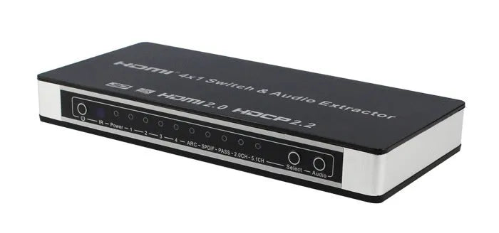 Black HDMI switch unit with remote control for 4-input 1-output video switching with audio separation