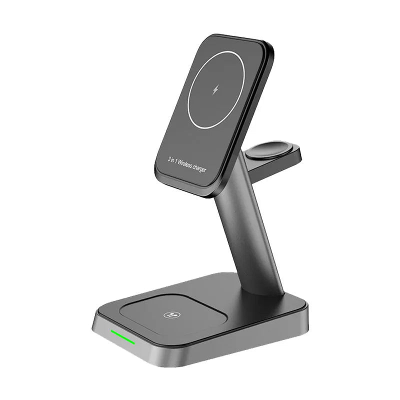 Black cubic wireless charger with vertical phone placement and watch charging area