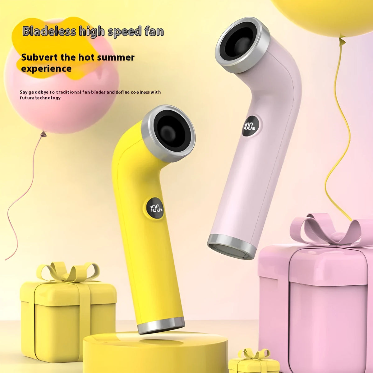 Apricot coloured bladeless portable fan with lithium battery and power cord.