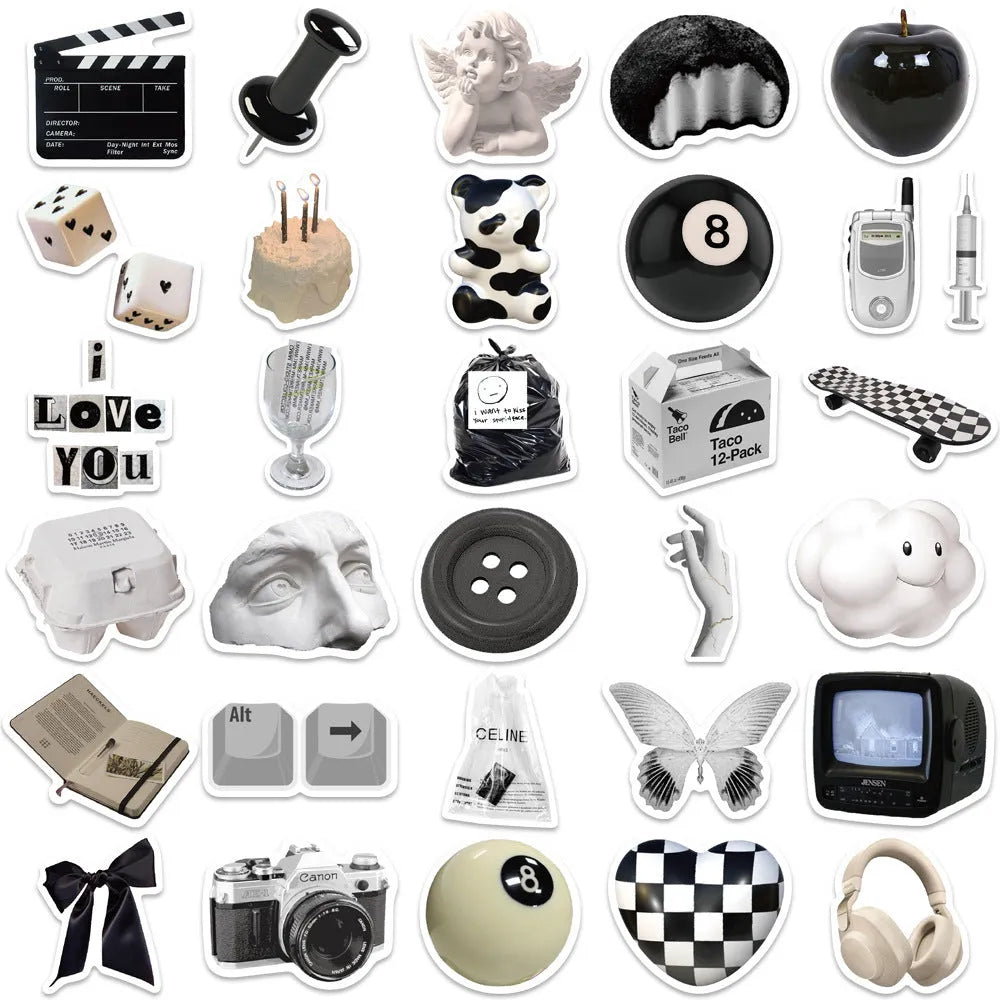 Black and white waterproof PVC sticker pack with coffee cup designs for laptops and phones