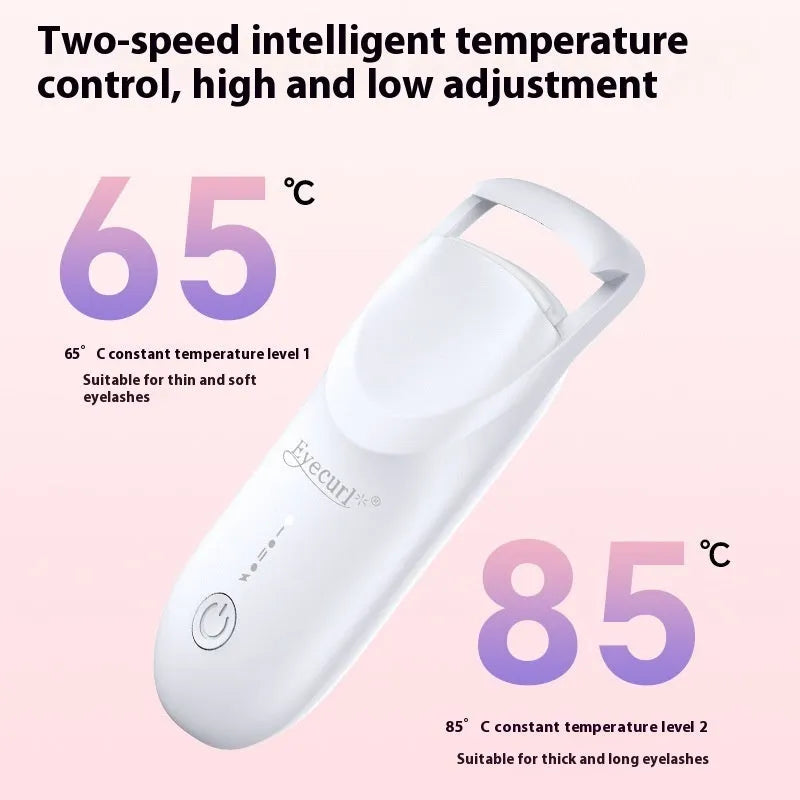 USB-C rechargeable electric eyelash curler in cream white, maca pink, or vanilla apricot colour with ceramic heating plate.