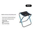 Black aluminium alloy folding camping stool shown in open and folded positions.