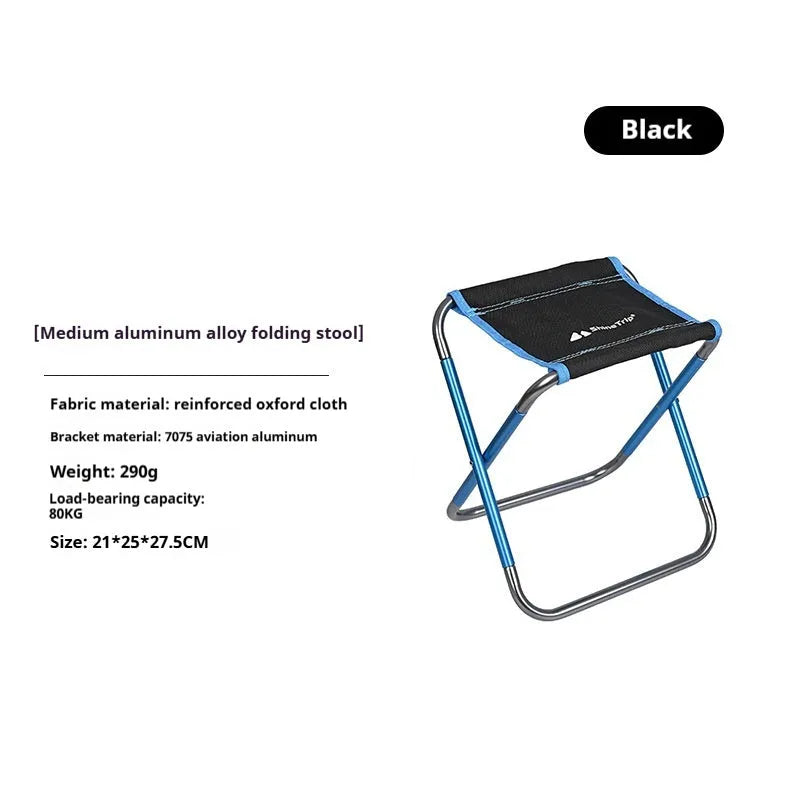 Black aluminium alloy folding camping stool shown in open and folded positions.