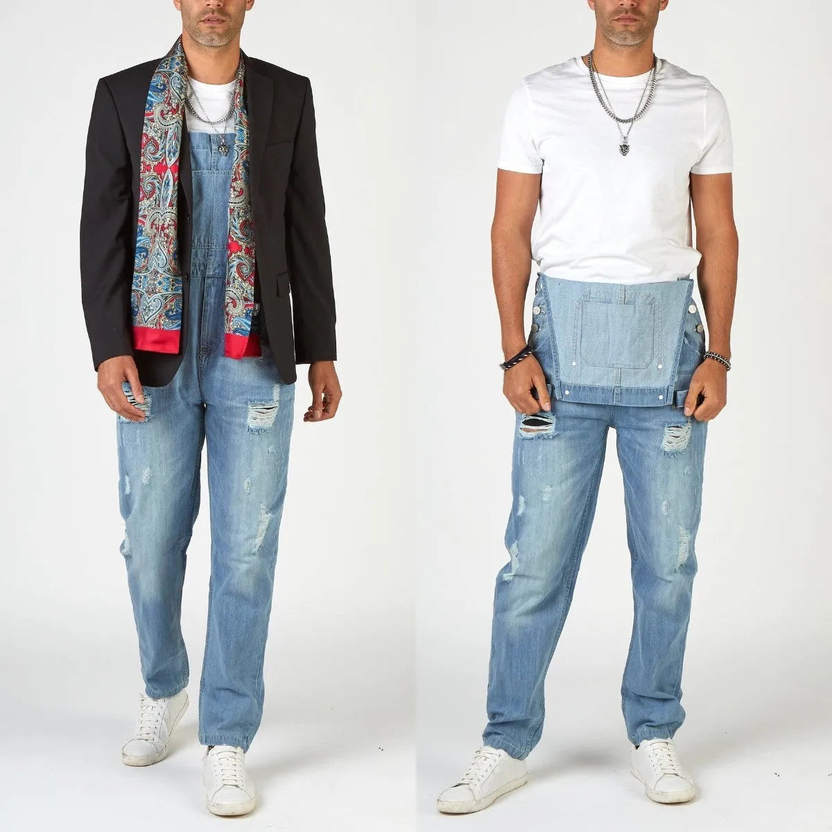 Men's light blue jeans with suspenders, ripped detailing, straight legs, and button fly