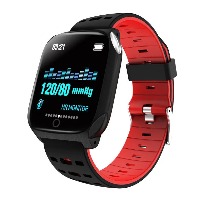 F16 Smart Watch showing ECG, blood pressure, and heart rate data on its IPS screen, with a black silicone wristband.