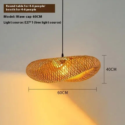 Bamboo straw hat-shaped hanging chandelier lamp in natural woven material