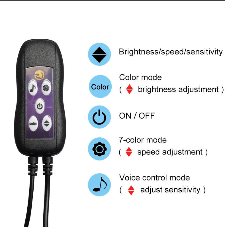 Car LED atmosphere light with colourful changing illumination on dashboard and centre console