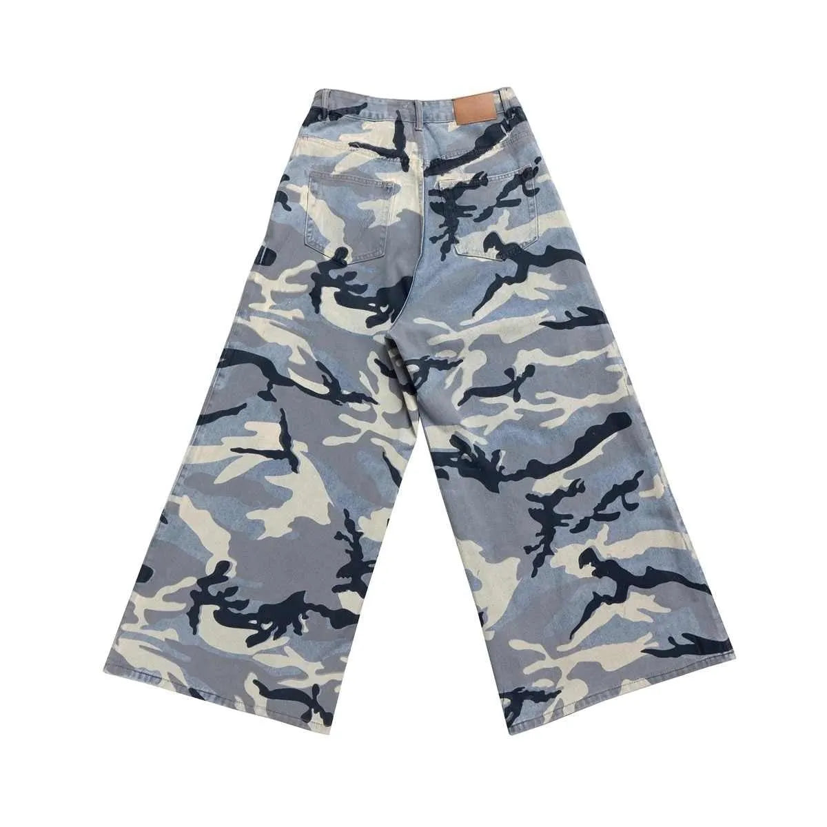 Man and woman modelling blue snow camouflage loose-fit stretch denim jeans.