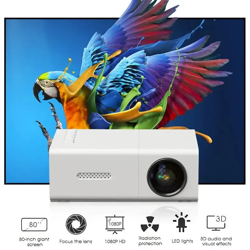 M100 mini projector in white or black colour with remote control and cables for 100-inch home projection