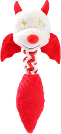 Large black plush dog toy with cartoon face, rope knot, and squeaker for big dogs.