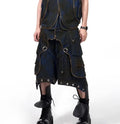 Blue Korean-style hooded denim vest coat with matching trousers, front zip closure