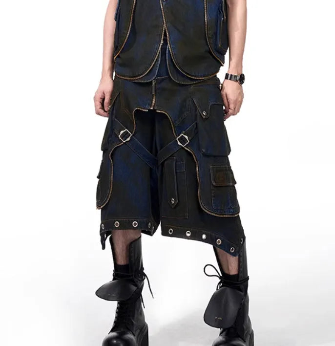 Blue Korean-style hooded denim vest coat with matching trousers, front zip closure