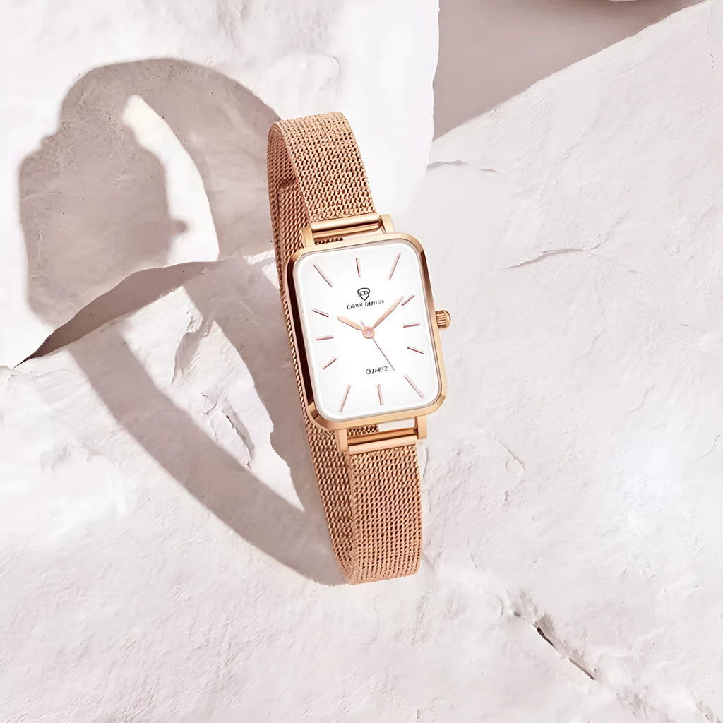 Women's waterproof quartz watch with woven steel strap in rose gold or silver