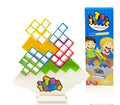 Plastic balance stacking board game with 16 coloured blocks, chassis, and base on a table