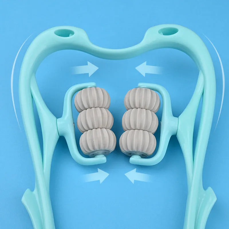 Blue handheld plastic massager with six rotating wheels for neck, shoulder, and back.