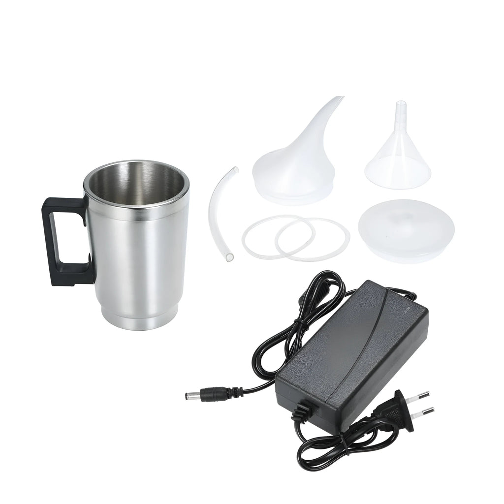Automotive headlamp renovation kit with stainless steel cups, elbow covers, funnels and power adapters