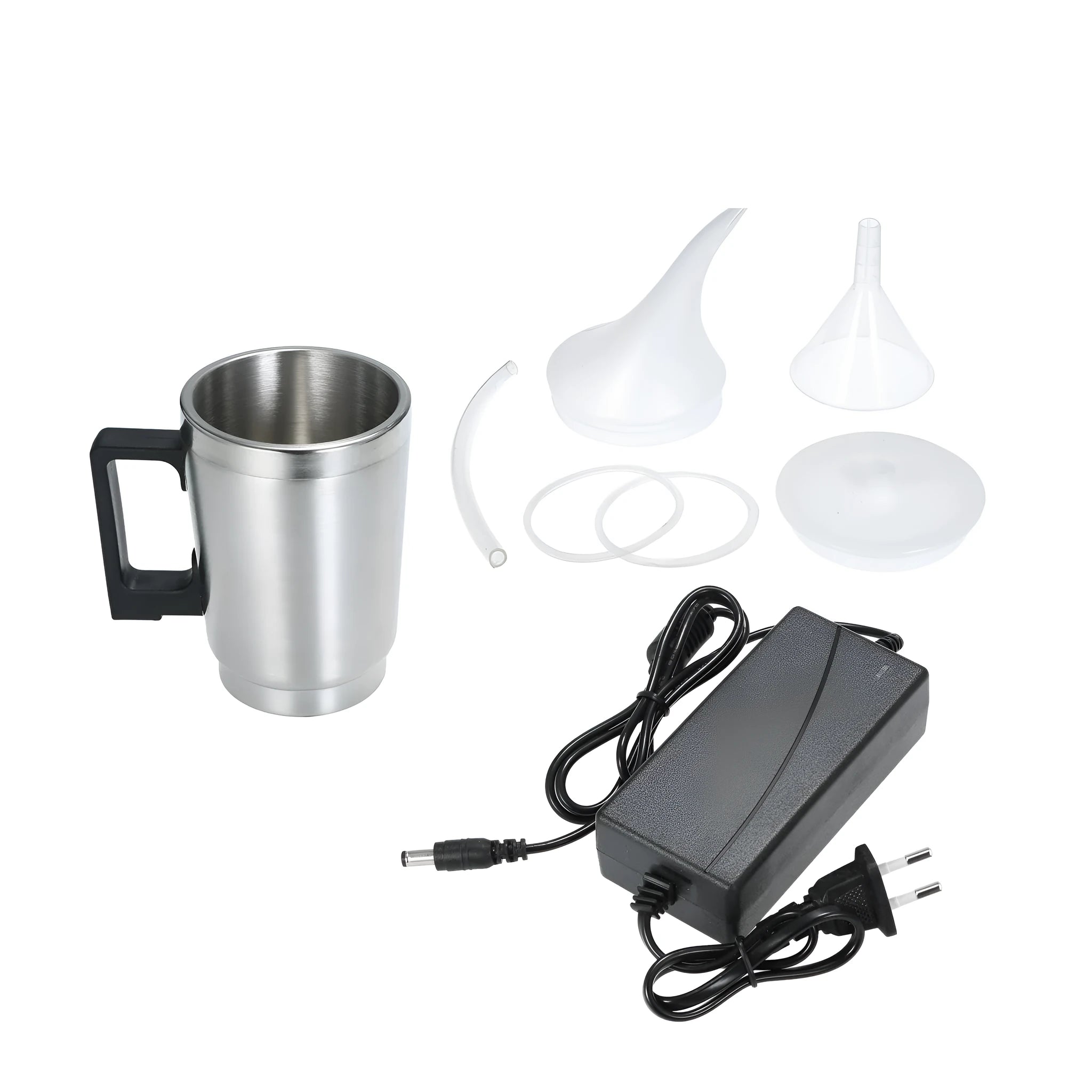 Automotive headlamp renovation kit with stainless steel cups, elbow covers, funnels and power adapters