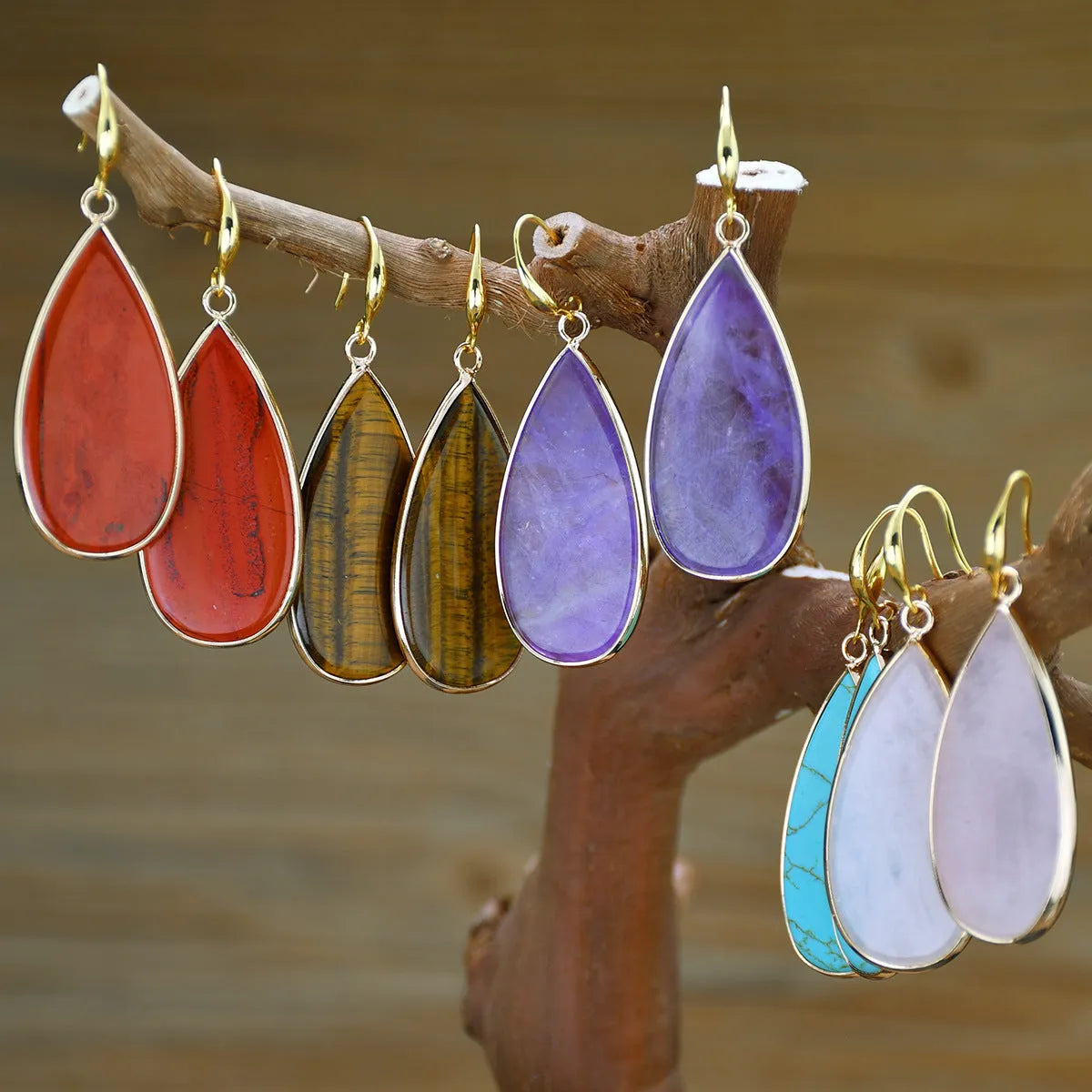 Vintage stone drop earrings with Tigereye stone and textured water droplet design