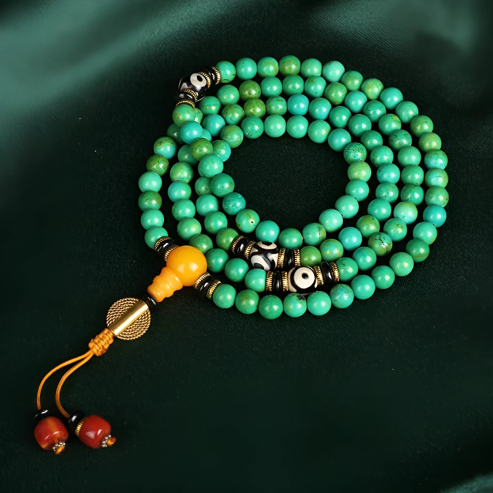 Natural turquoise gemstone bracelet with 108 round 8mm polished beads.