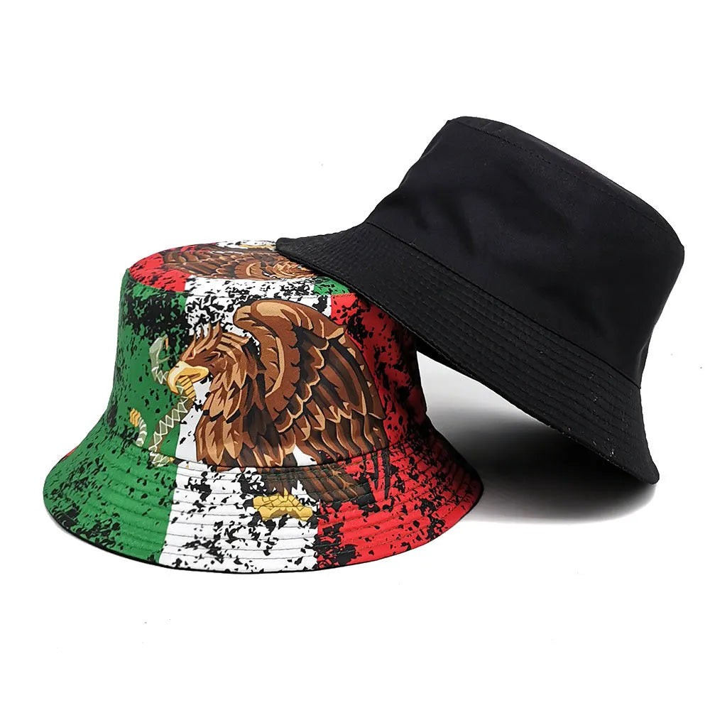 Retro eagle pattern polyester bucket hat with dome crown on a white background.