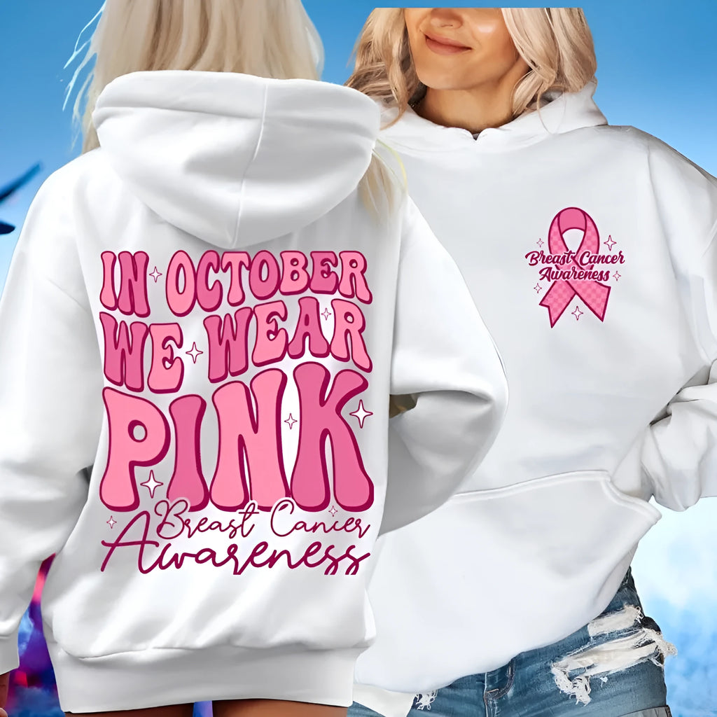 Pink Breast Cancer Awareness hooded sweatshirt with art retro pattern, side pocket, and hot stamping detail.