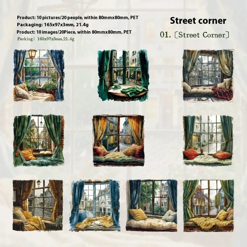 Set of six retro window-themed decorative stickers for journals, including Seaside Window and Flower Window Under the Moon designs.