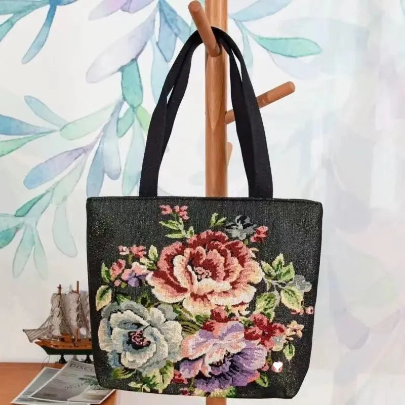 Double-sided gold wire embroidered canvas tote bag in botanical design with polyester construction