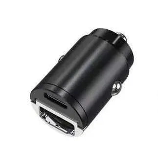 Black mini car charger with dual USB-C ports for 30W fast charging in vehicle power socket