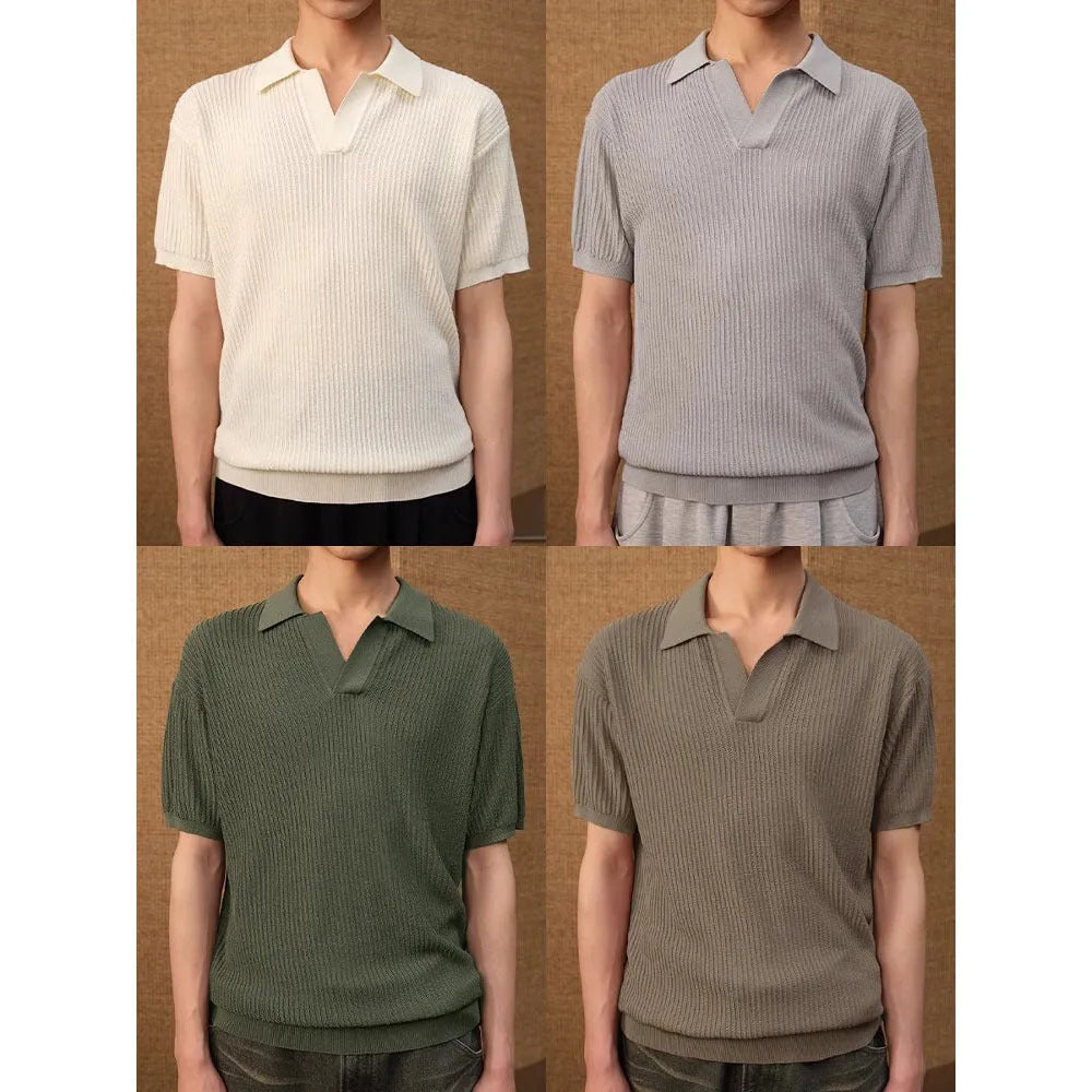 Creamy-white loose-fit polo shirt with striped collar and short sleeves, made from thin ice silk fabric.