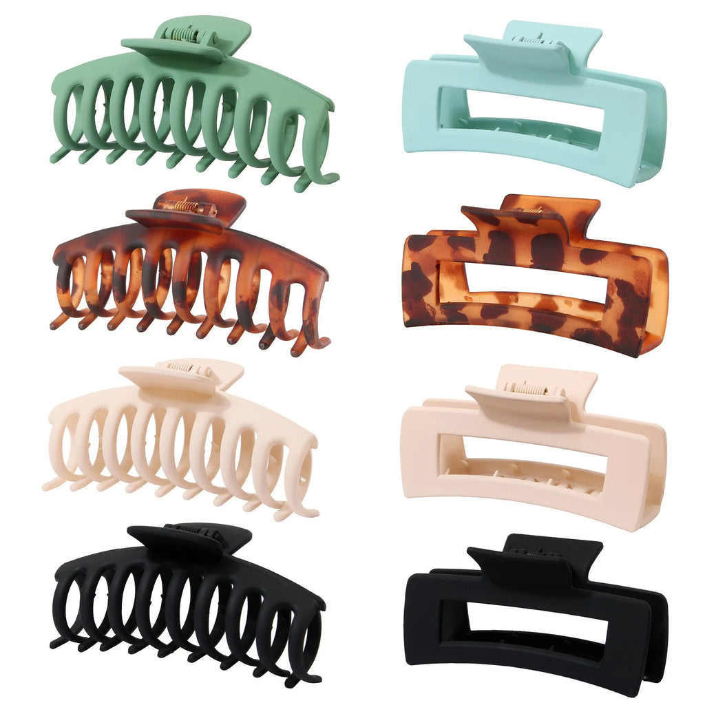 Six rose red plastic hair clips with frosted grip and quadrilateral design in OPP bag packaging