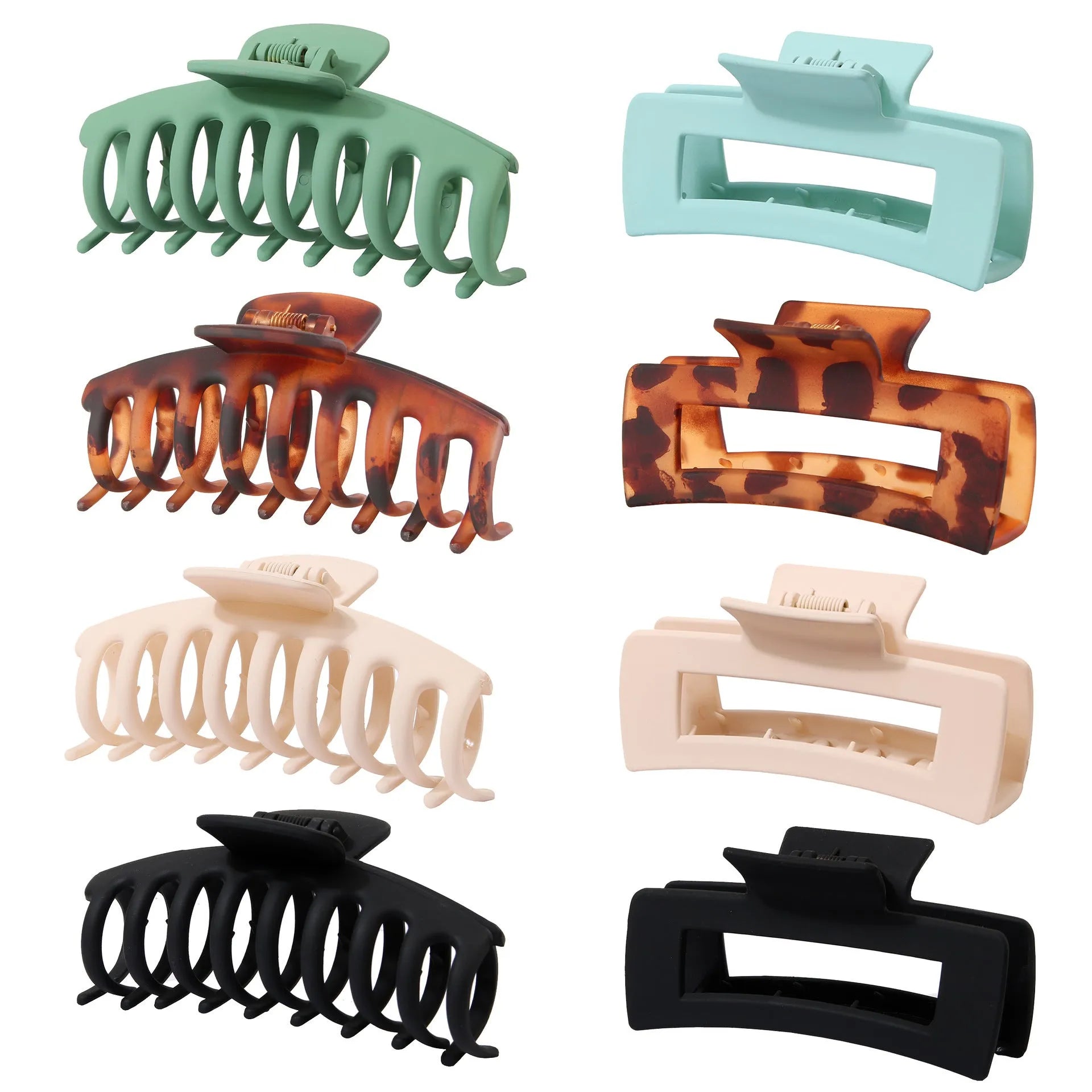 Six rose red plastic hair clips with frosted grip and quadrilateral design in OPP bag packaging