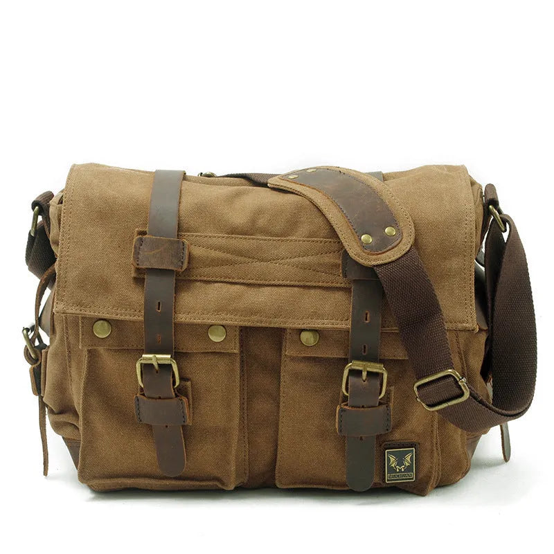 Men's retro canvas crossbody shoulder bag with cowhide trim and postman flap in Army Green colour