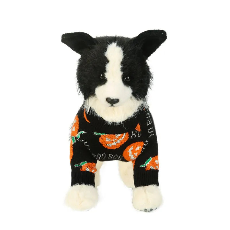 Black dog sweater with orange pumpkin pattern showing size options from S to XXL