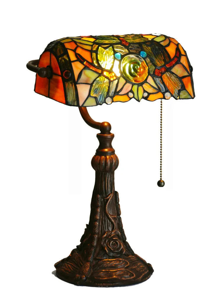 10-inch Tiffany table lamp with coloured stained glass shade on resin base for study room decoration
