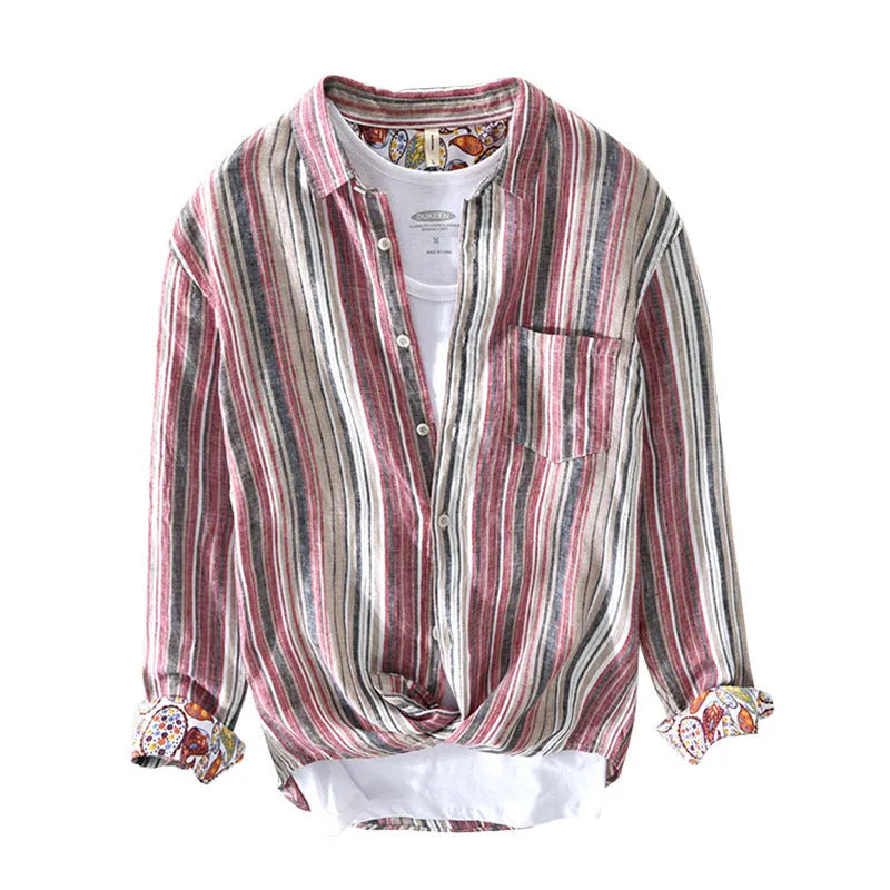 Men's casual long sleeve linen shirt with stripe pattern in grey or red loose fit