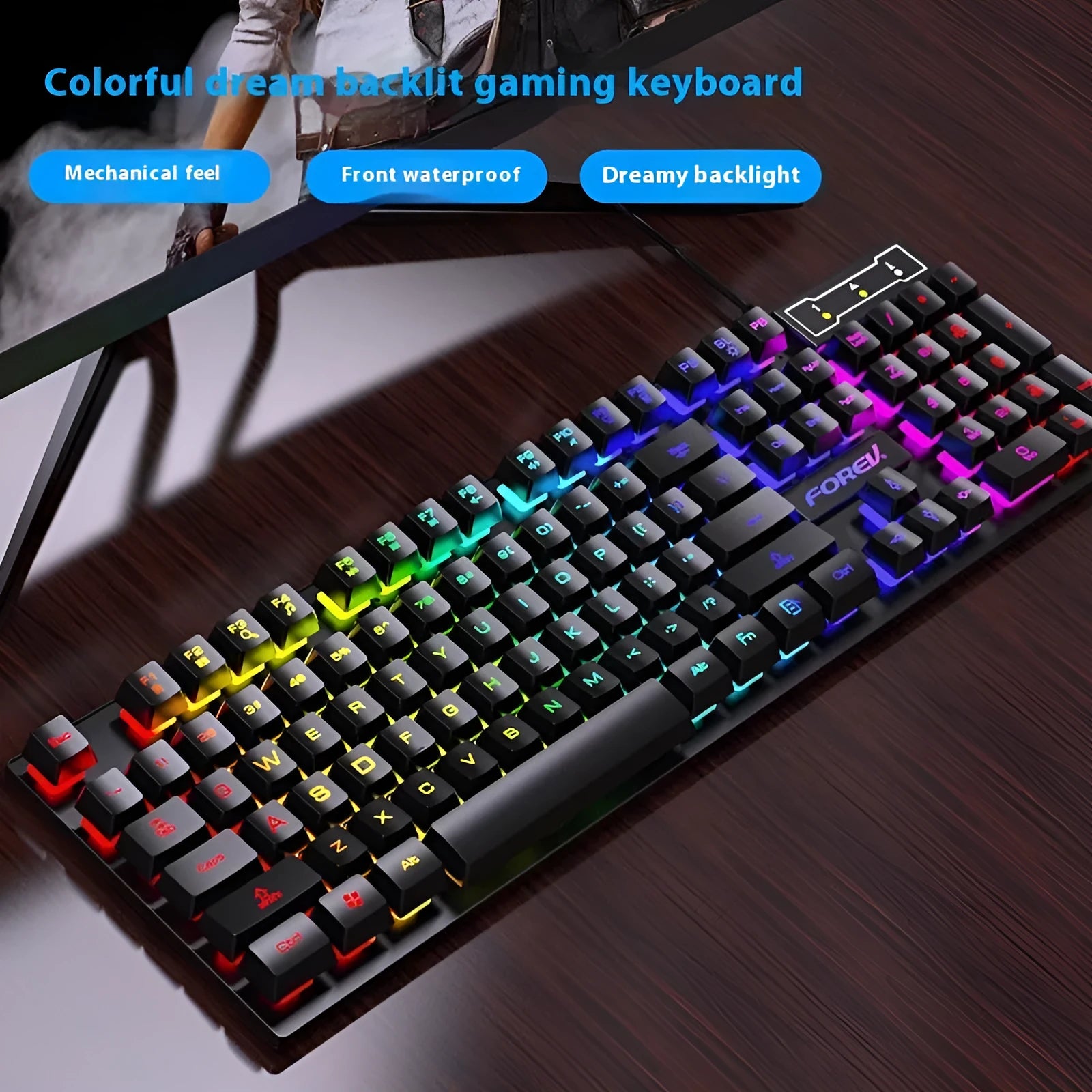 Black gaming keyboard and mouse bundle with backlit 104-key keyboard