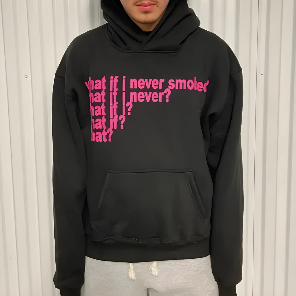 Black heavyweight hooded sweater with white letter print graphic design streetwear