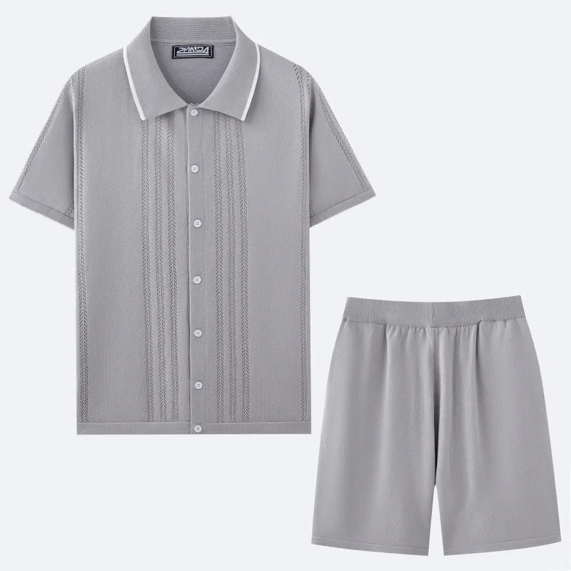 Business casual short sleeve knit sweater and matching shorts set in Tencel viscose fabric.