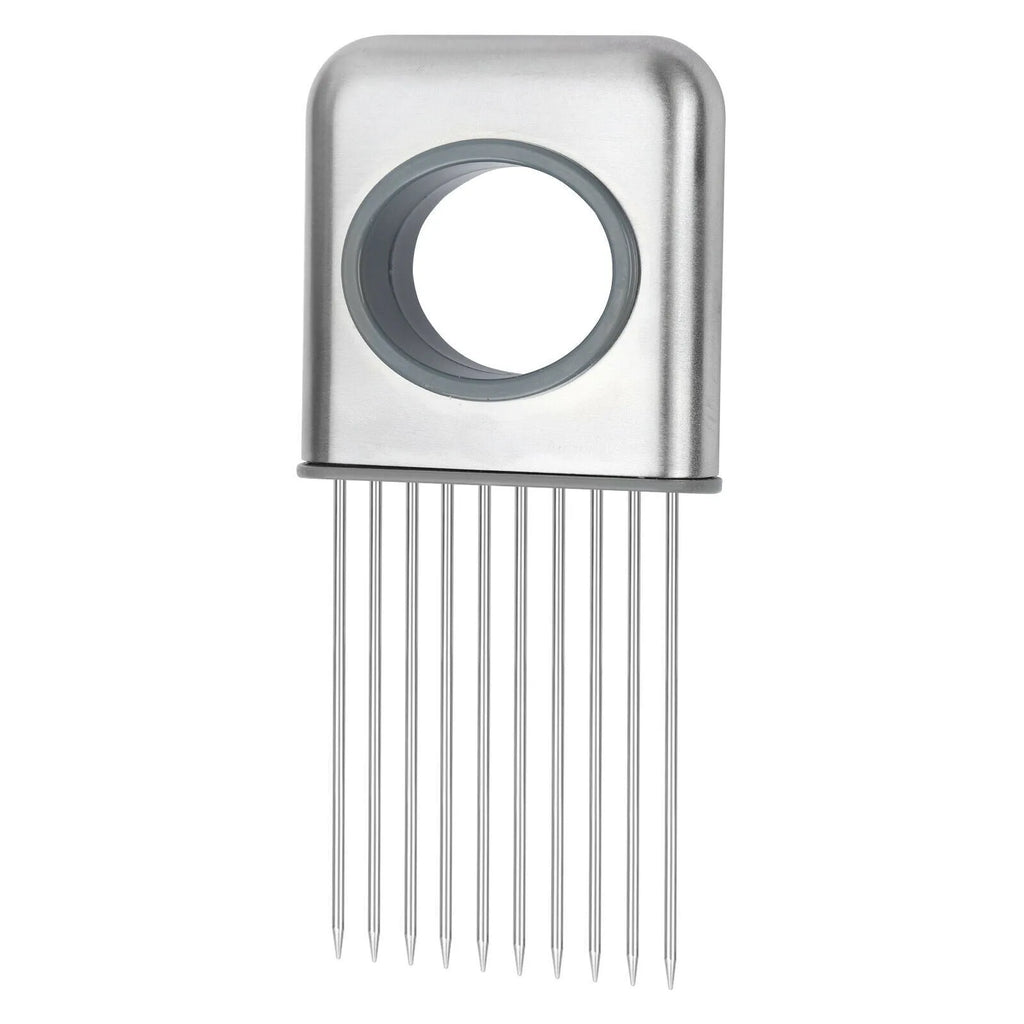Stainless steel onion and tomato slicer holder with ABS handle on a kitchen worktop