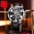 Men's automatic skeleton watch with brown leather strap and black barrel case showing hollow dial