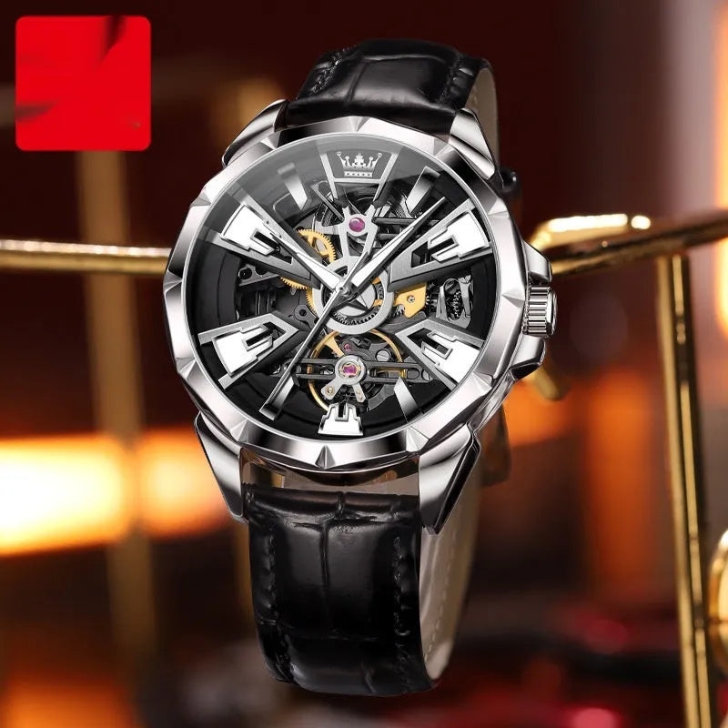 Men's automatic skeleton watch with brown leather strap and black barrel case showing hollow dial